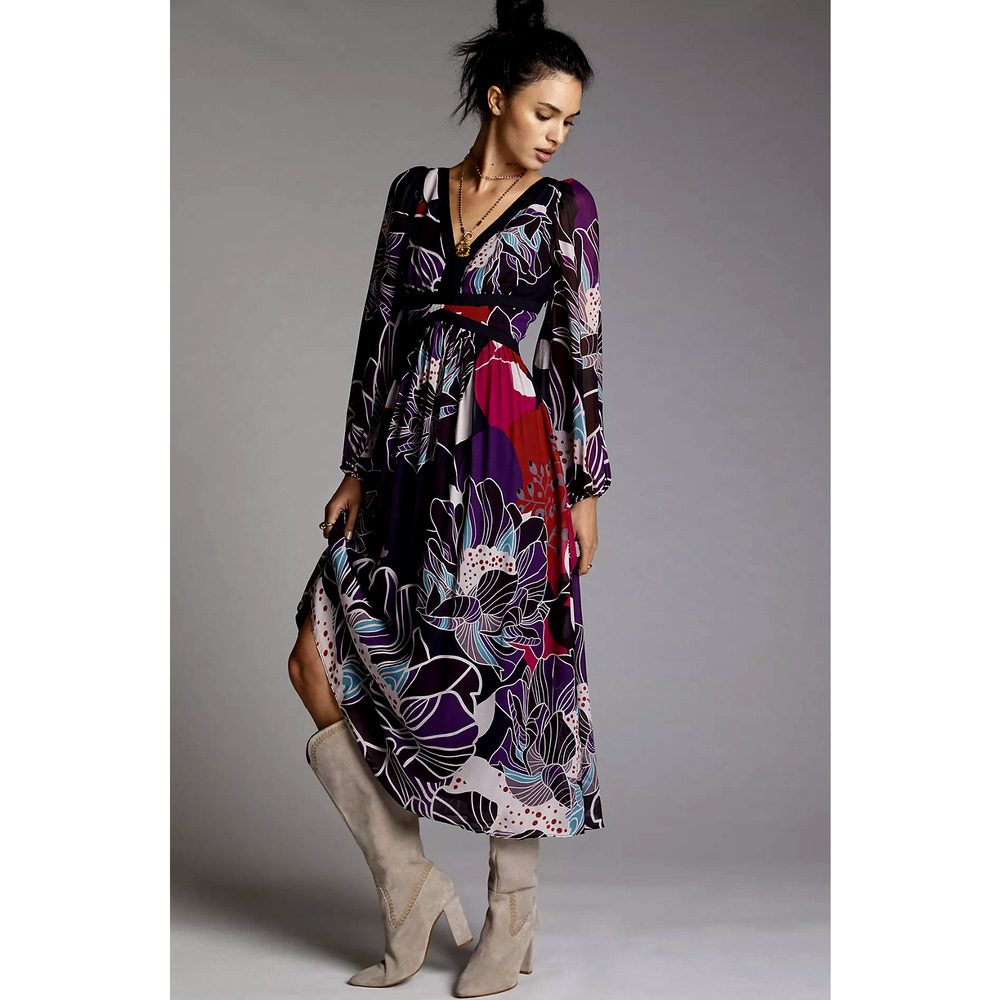NWT Anthropologie Let Me Be Black Floral Multi-Color Midi Dress - Size XS